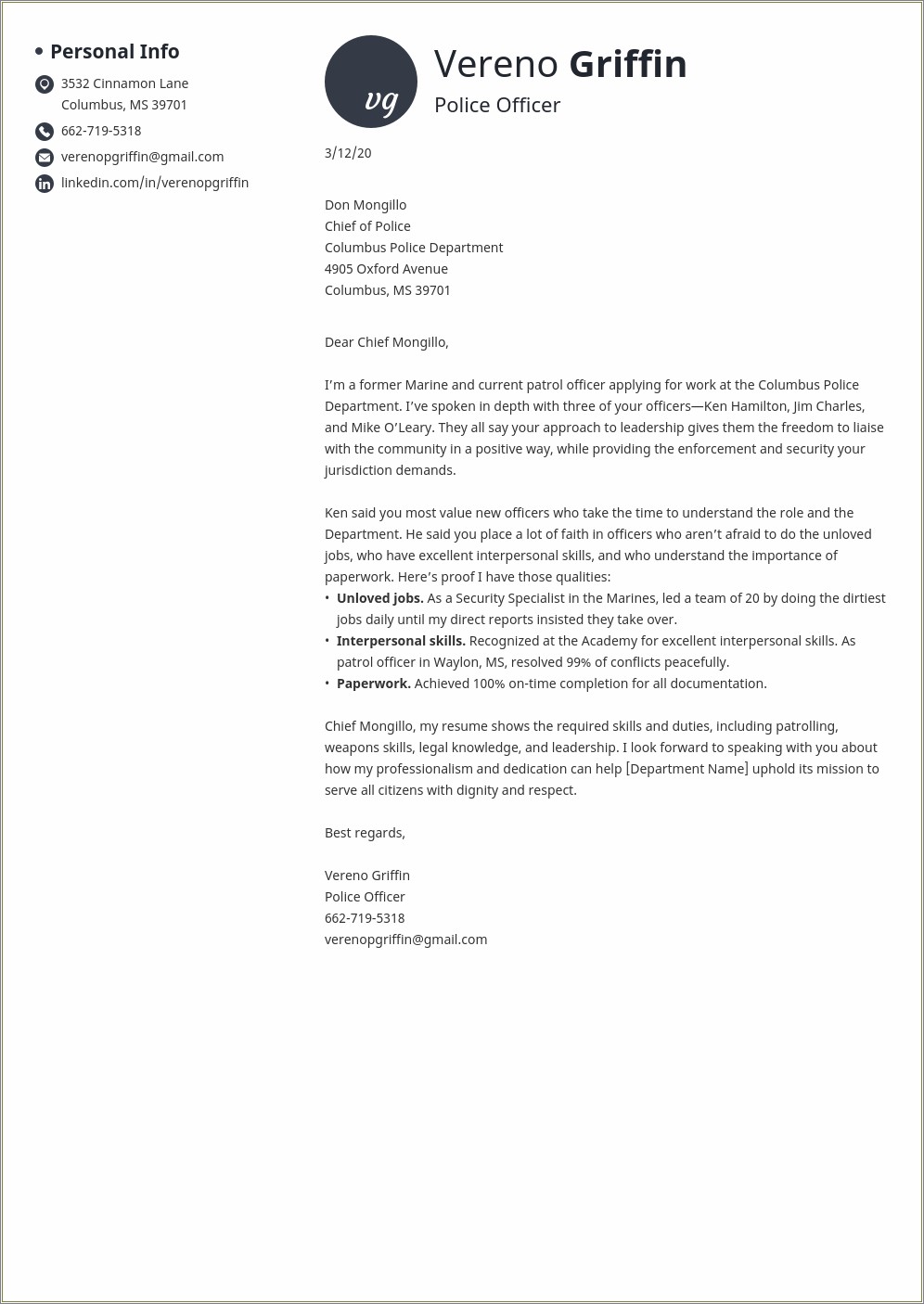 Police Officer Resume Cover Letter Examples - Resume Example Gallery