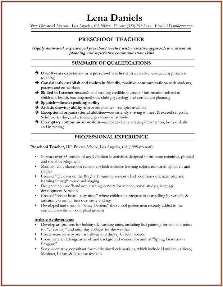 Fresher Preschool Teacher Resume Sample