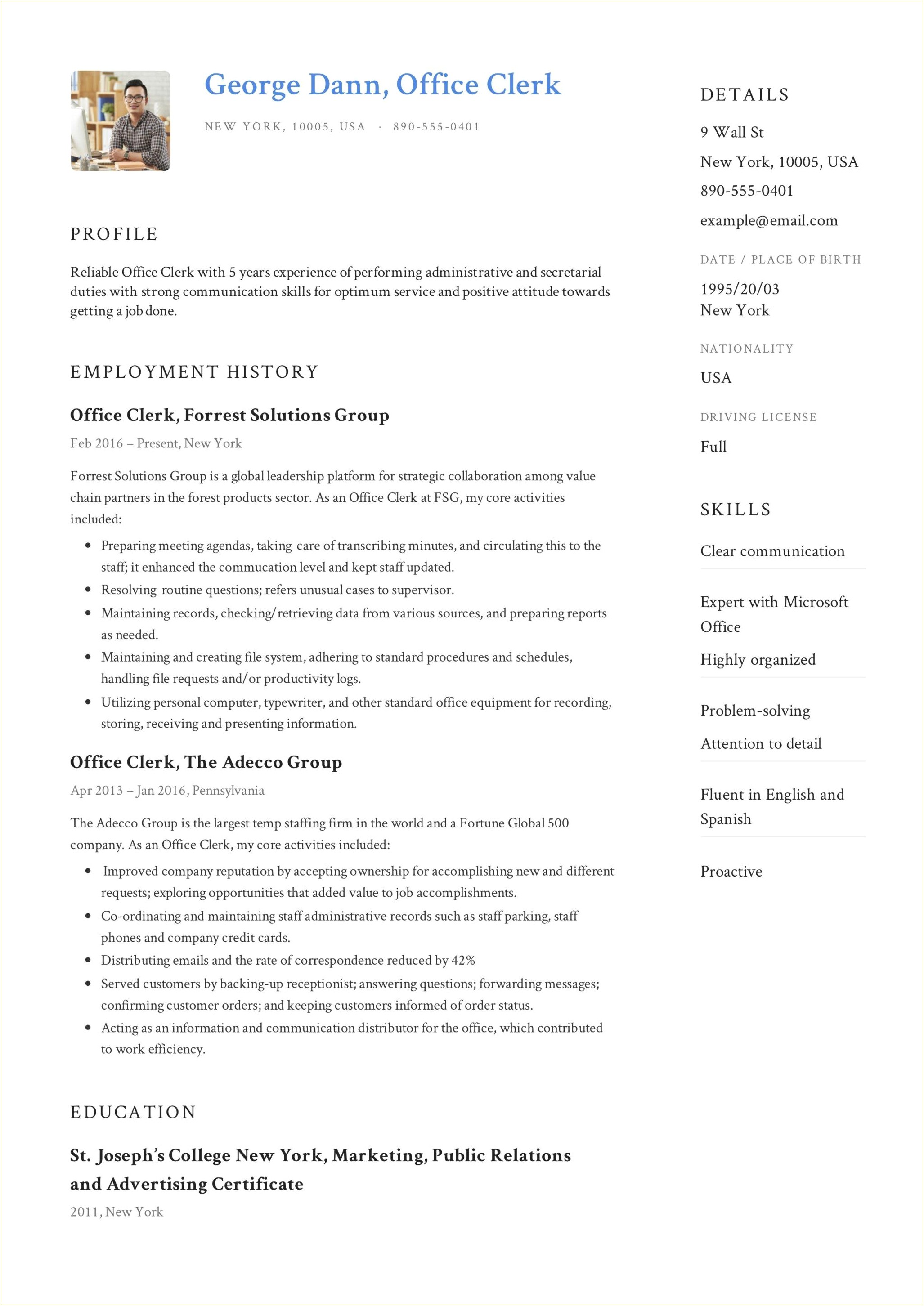 Printable Resume Templates For Clerical Positions - Resume Example Gallery