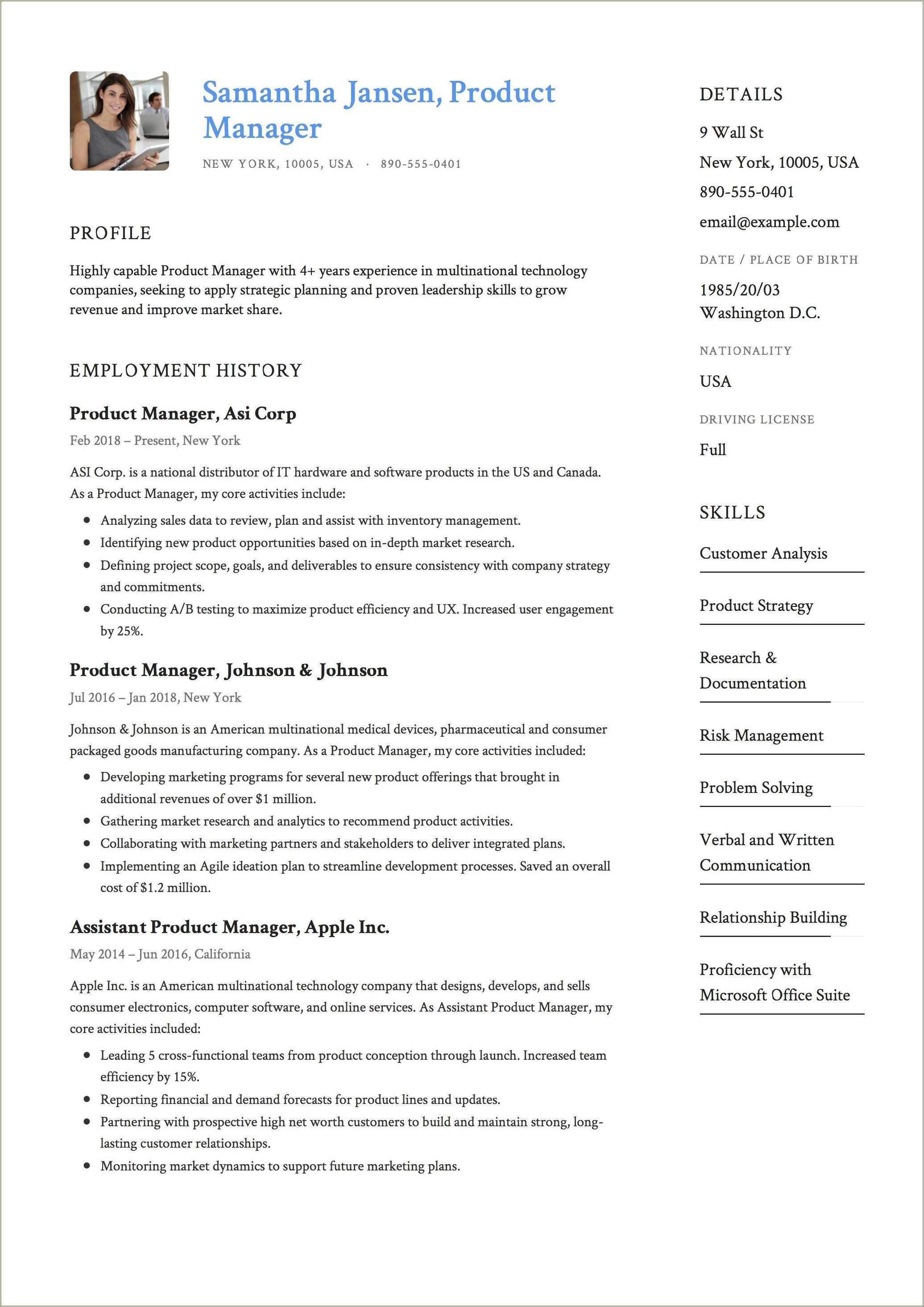 product manager resume summary