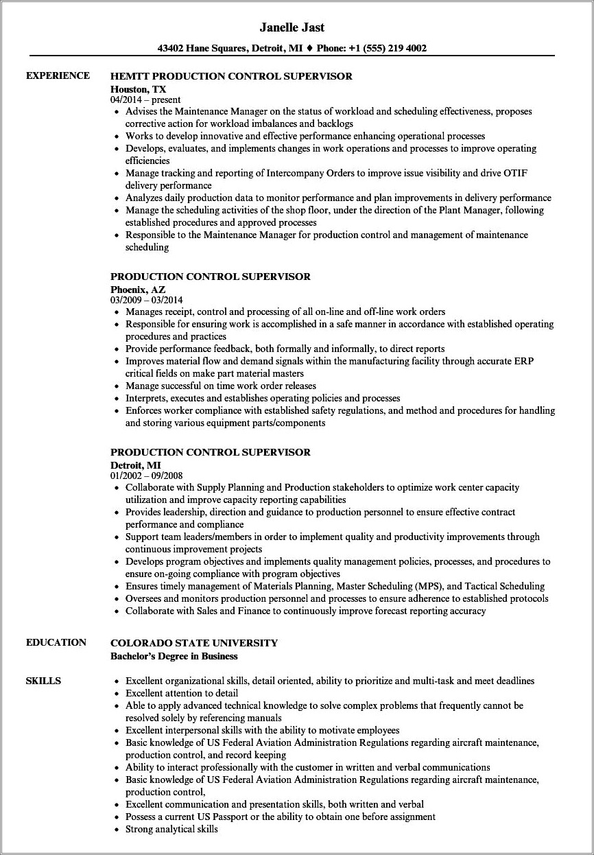 Production Planning And Control Resume Sample - Resume Example Gallery