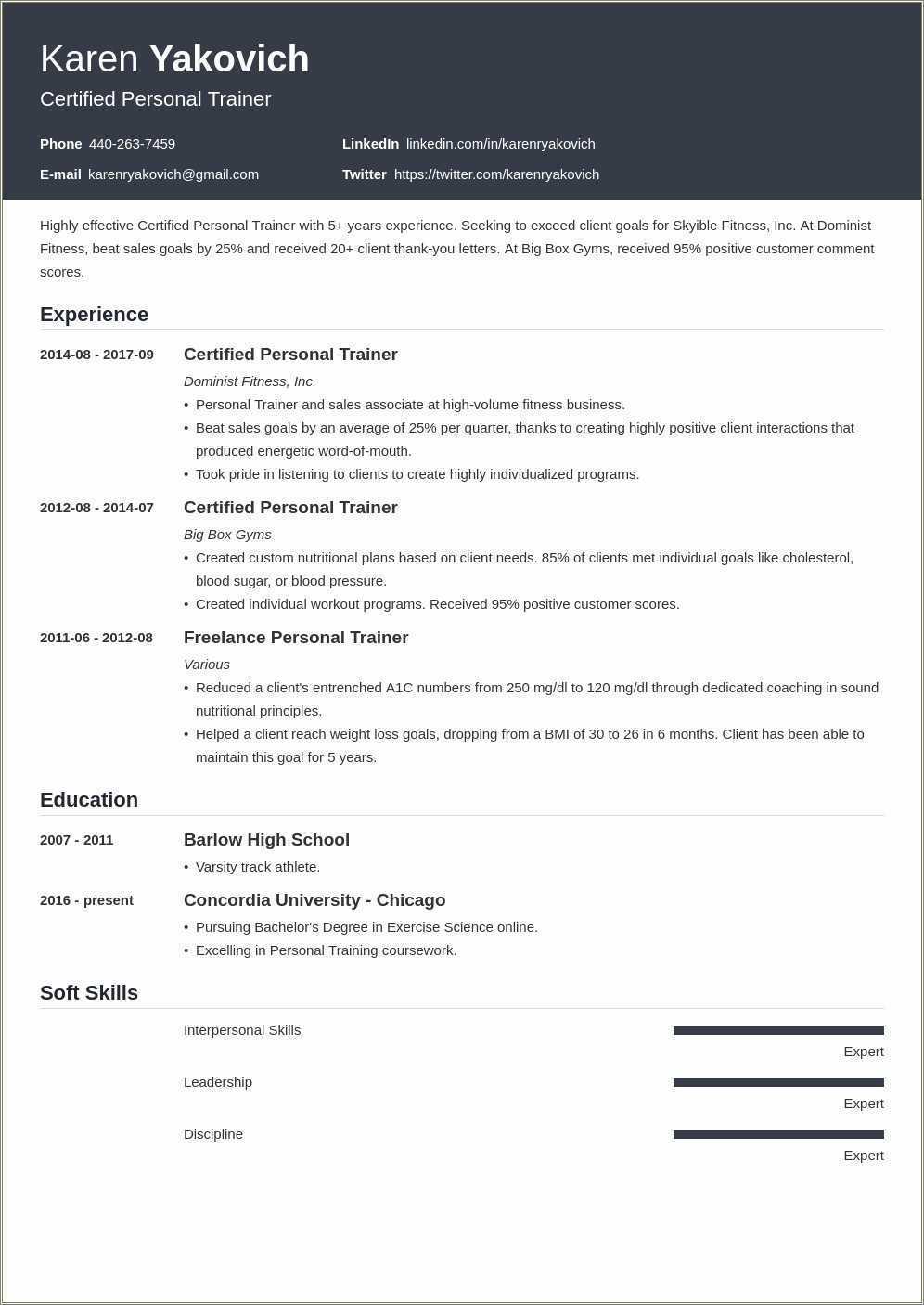 Entry Level Personal Trainer Resume Sample - Resume Example Gallery