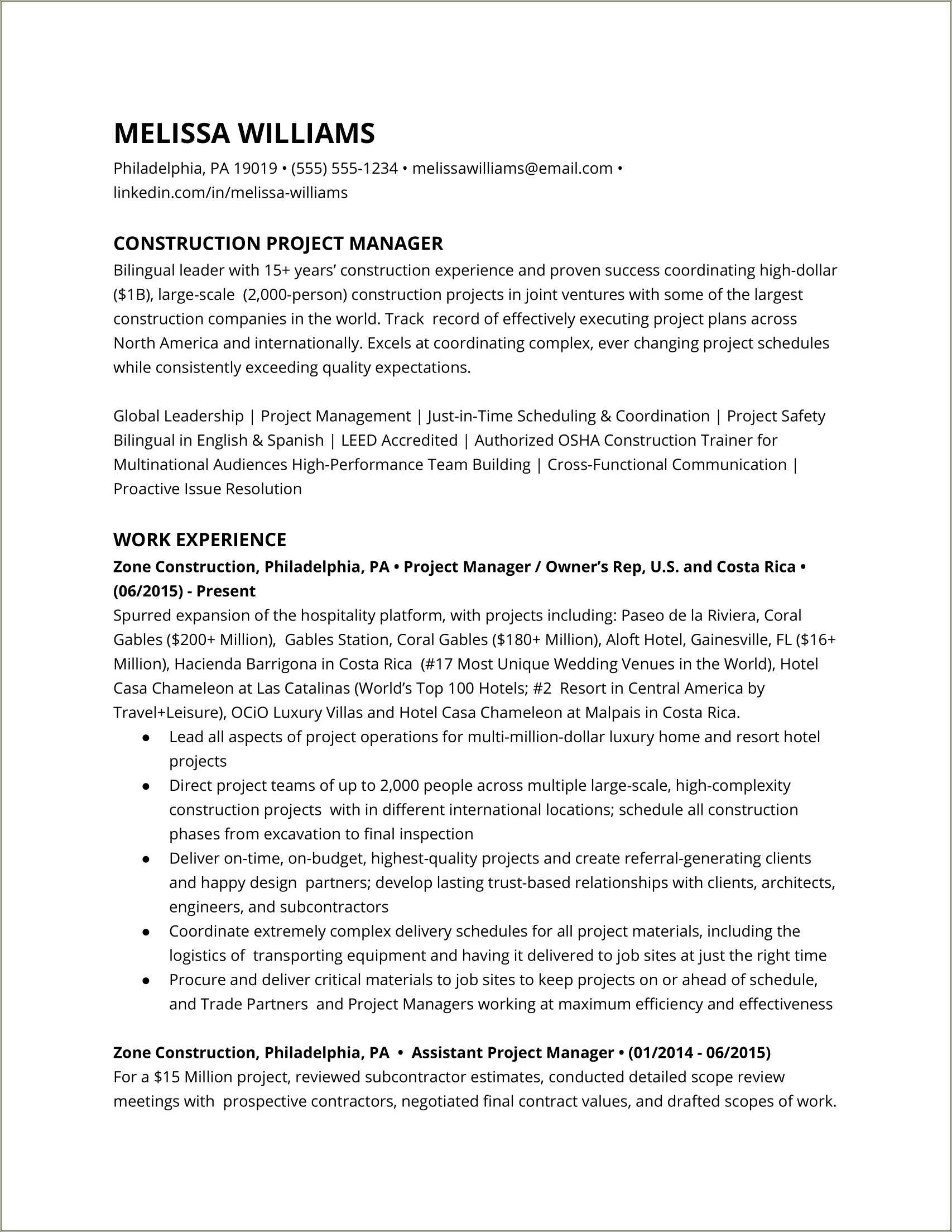 experienced project manager resume examples