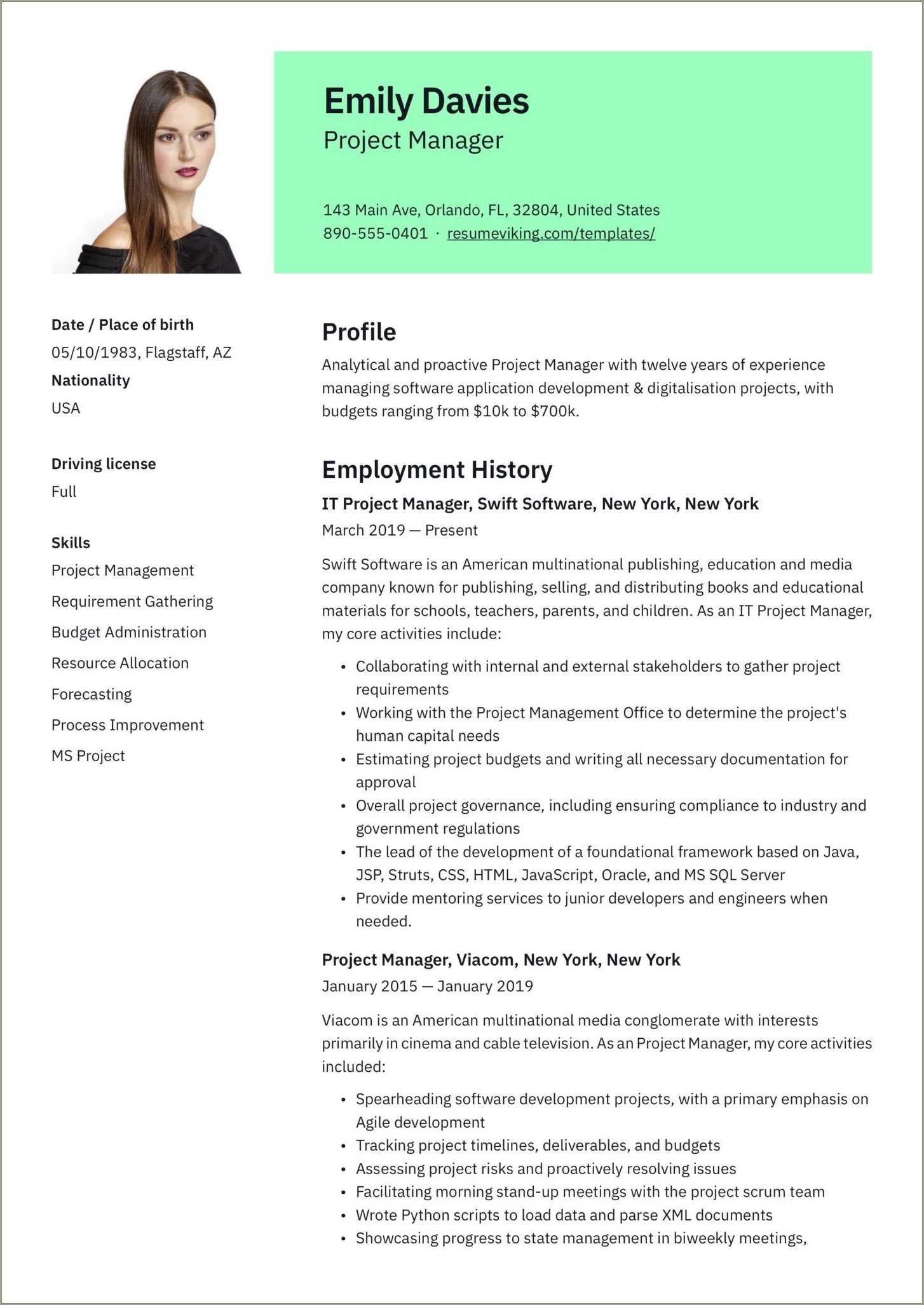 Project Manager Resume Format Doc Resume Example Gallery