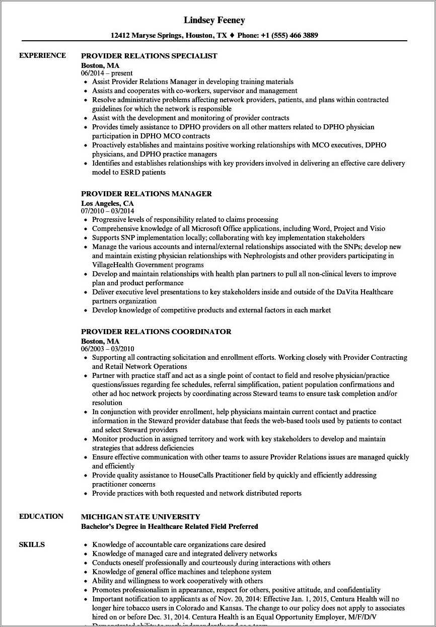 Provider Relations Manager Resume Sample - Resume Example Gallery