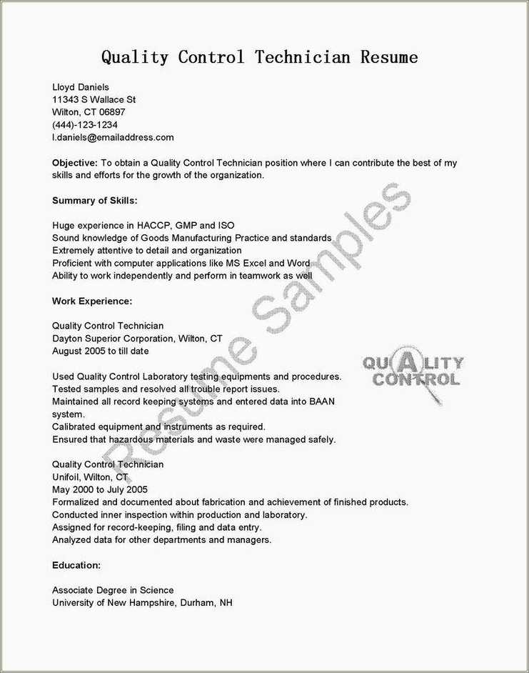 Qc Manufacturing Technician Resume Samples - Resume Example Gallery