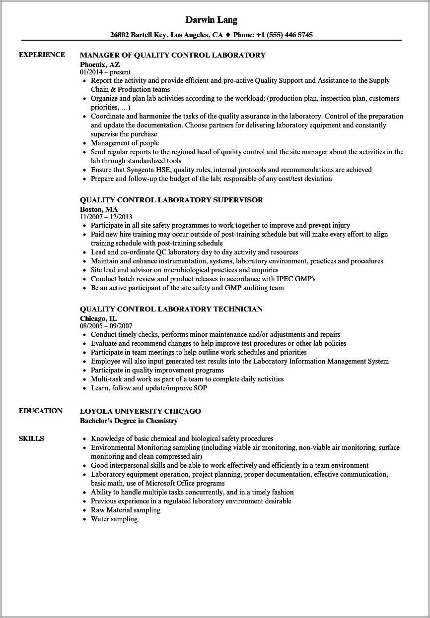 Quality Control Chemist American Resume Sample - Resume Example Gallery