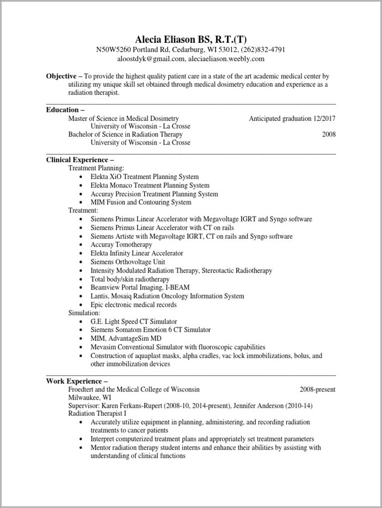 Radiation Therapy Student Resume Objective - Resume Example Gallery