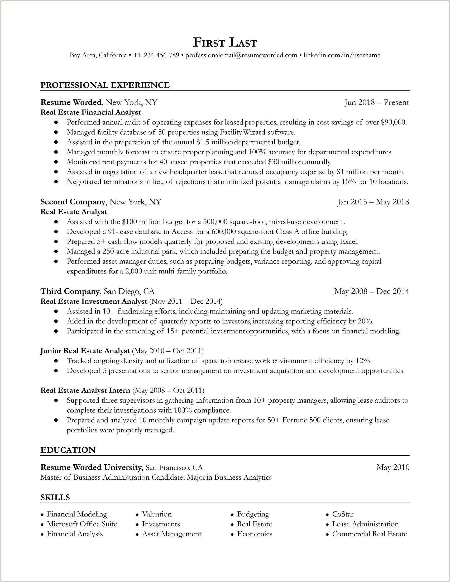 Real Estate Investment Analyst Resume Example - Resume Example Gallery