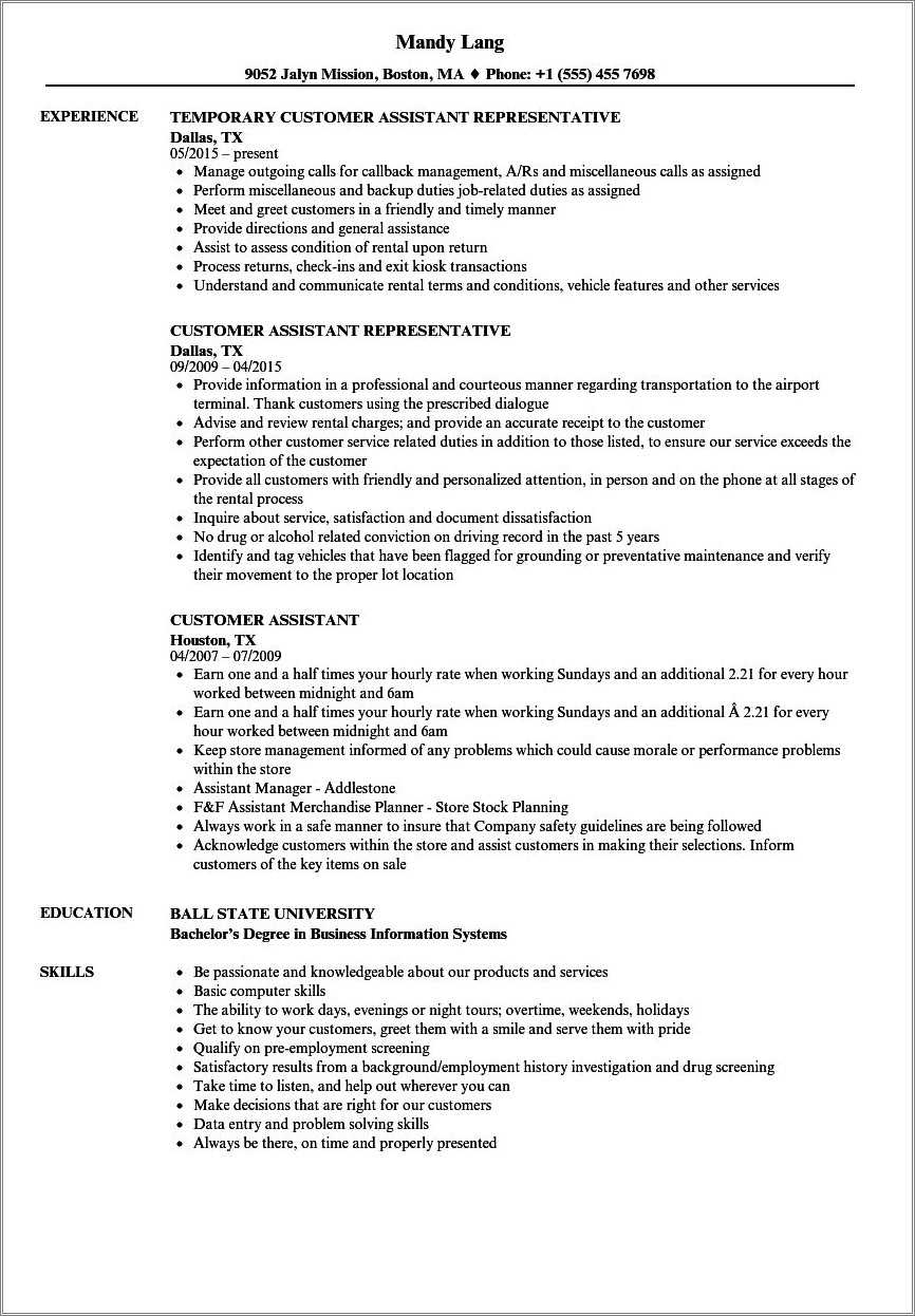 Customer Service Agent Sample Resume