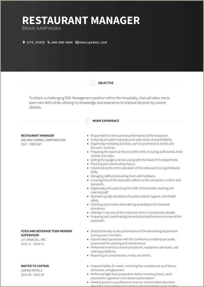 Restaurant Assistant Manager Resume Example Resume Example Gallery