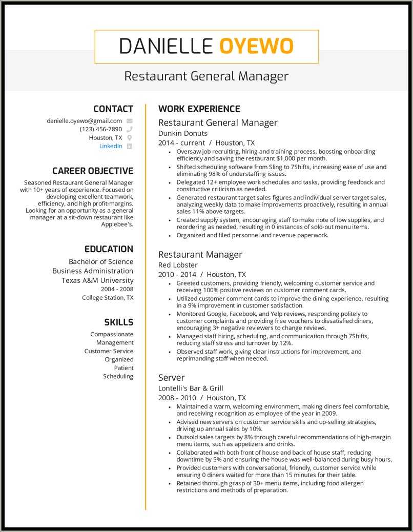 Restaurant Assistant Manager Resume Responsibilities Resume Example 