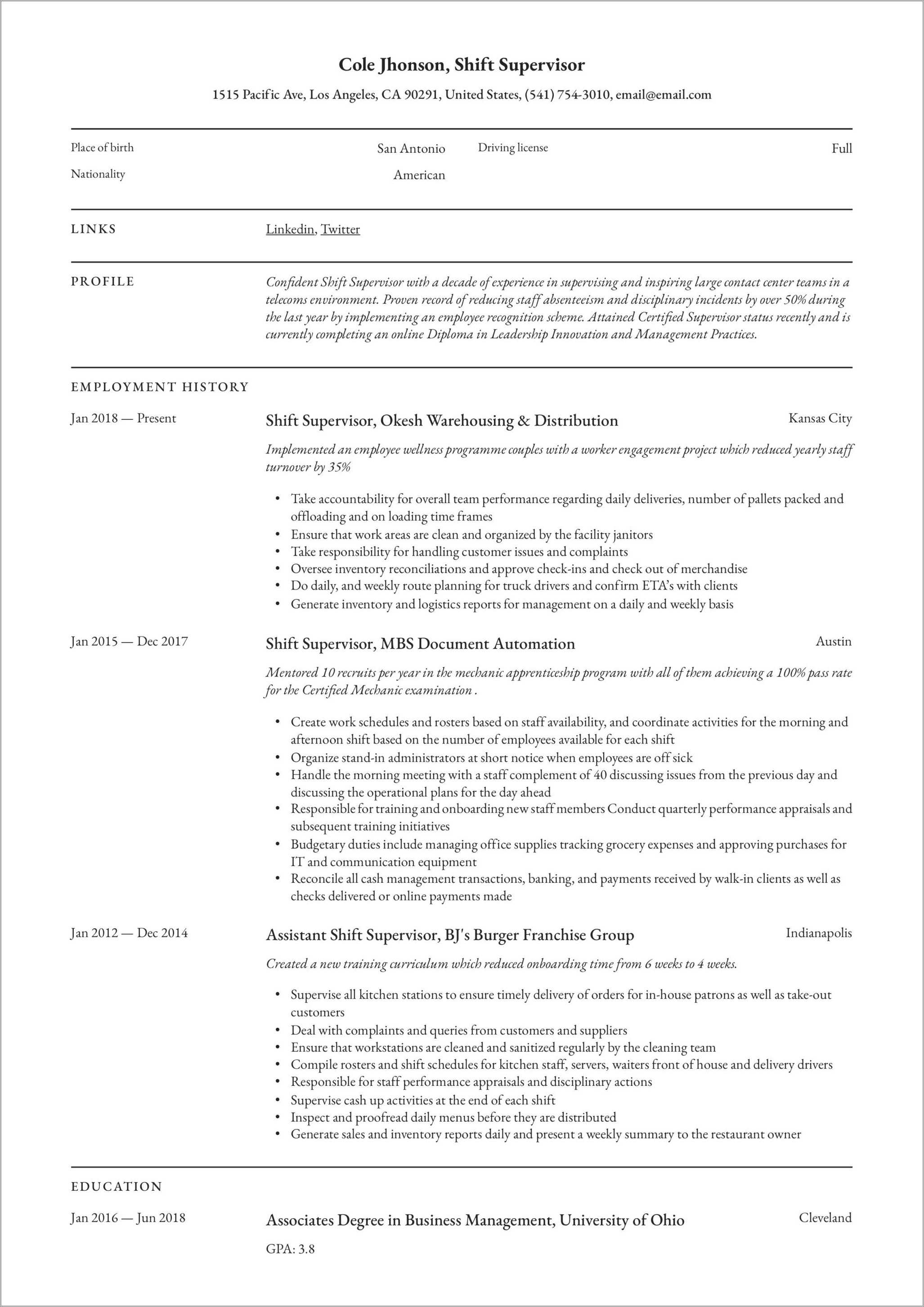 Restaurant Floor Manager Resume Sample - Resume Example Gallery