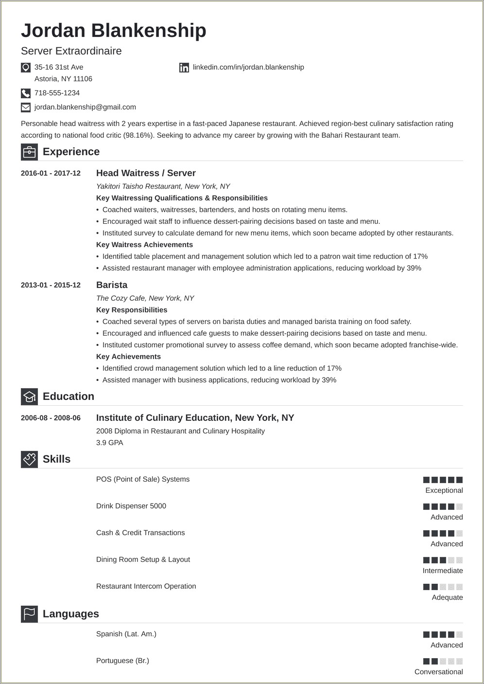 Restaurant Head Server Resume Sample - Resume Example Gallery