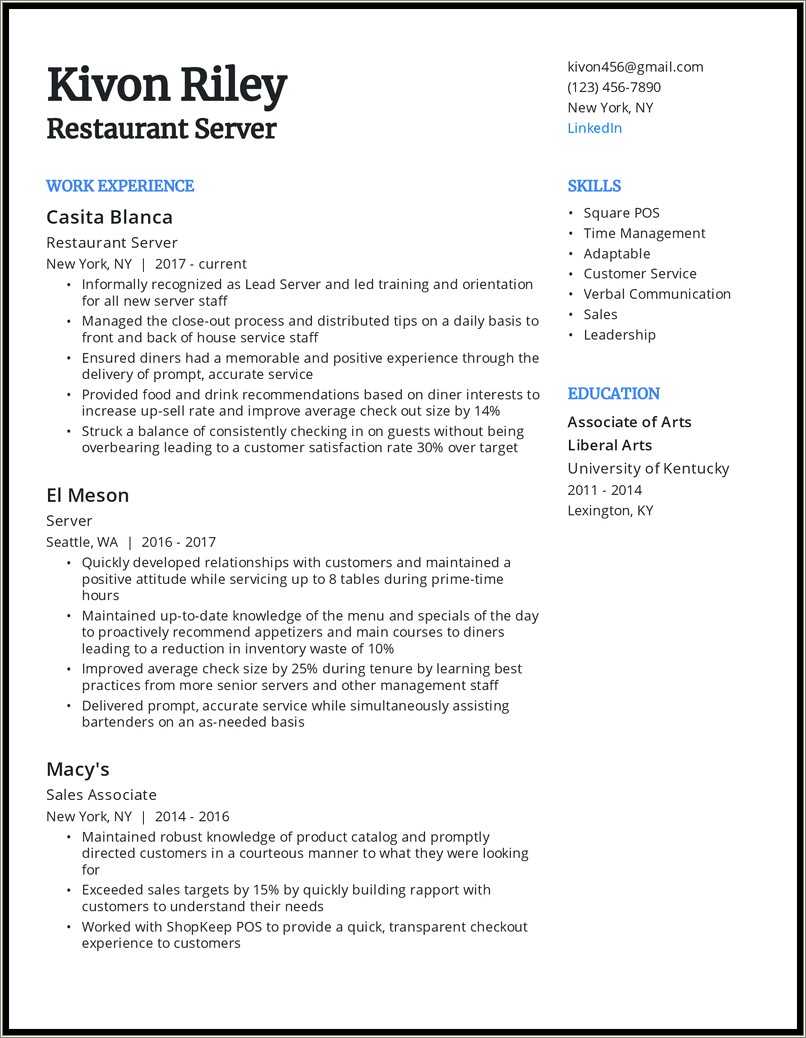 Restaurant Lead Server Resume Sample Resume Example Gallery