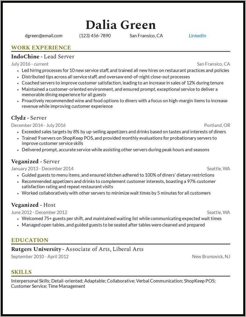 Restaurant Line Server Job Description For Resume