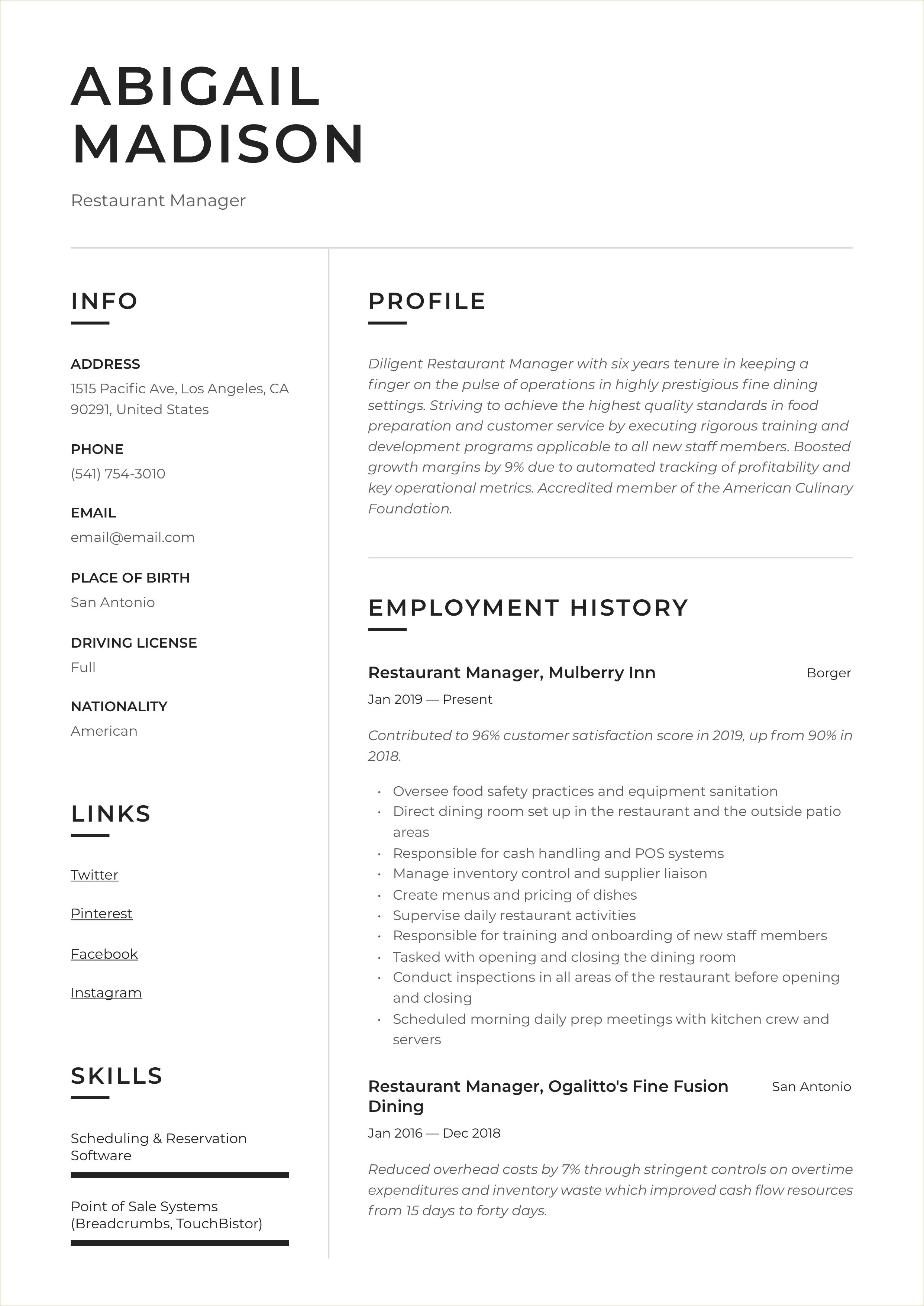 Restaurant Team Leader Resume Sample - Resume Example Gallery