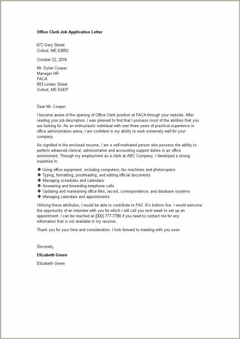 Resume Cover Letter For Clerical Work - Resume Example Gallery