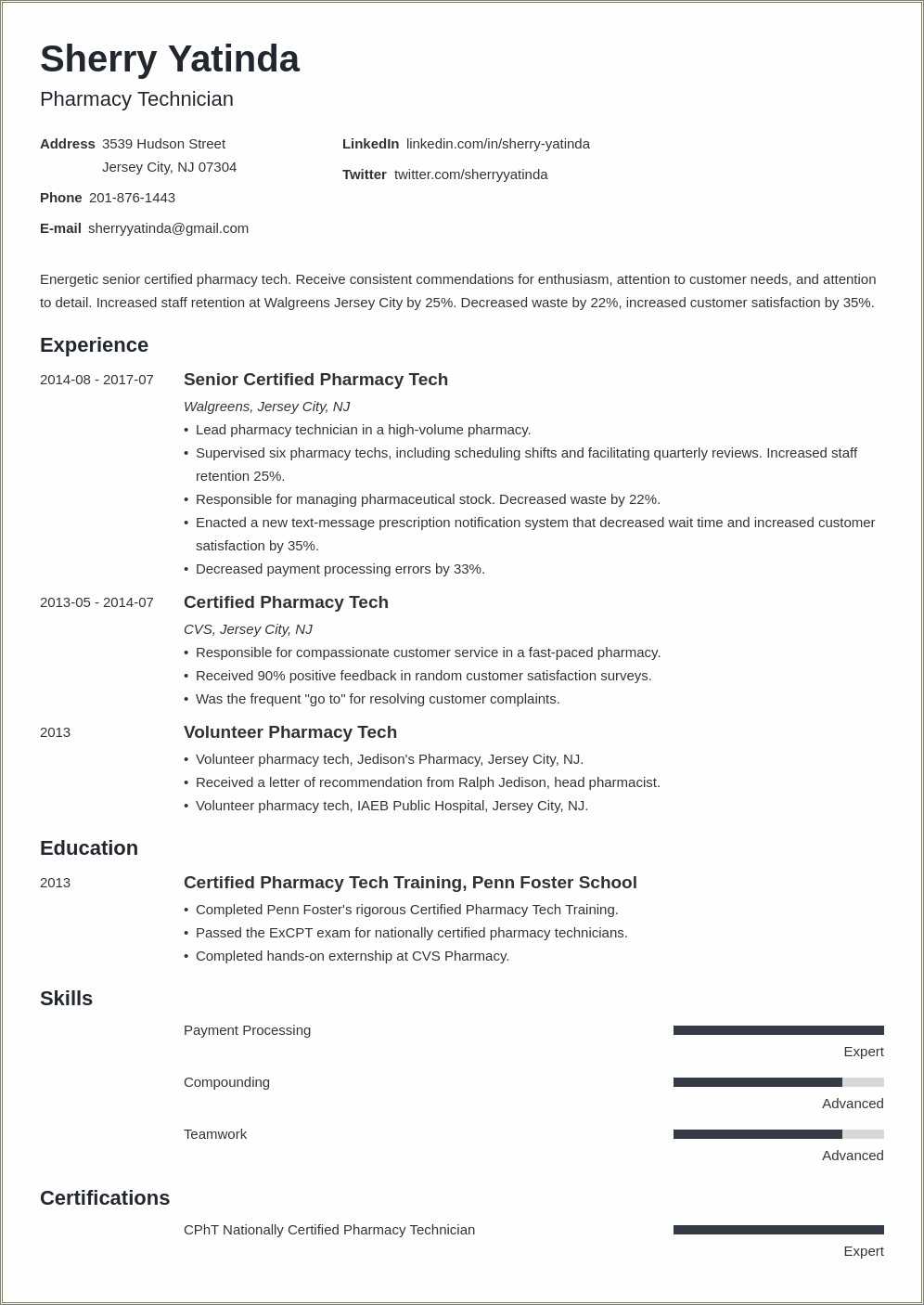 Compounding Pharmacy Tech Resume Example - Resume Example Gallery