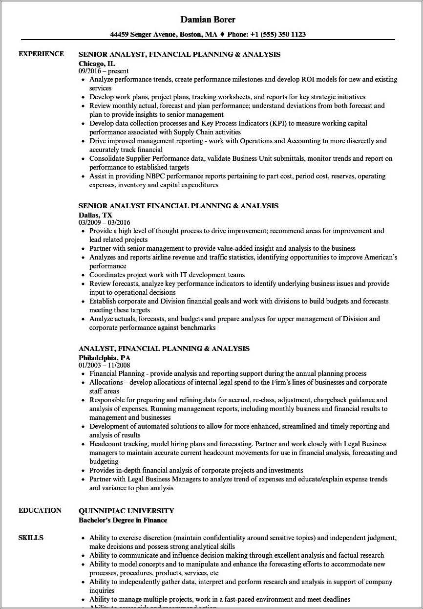 Resume Examples For Director Financial Planning And Analysis Resume 