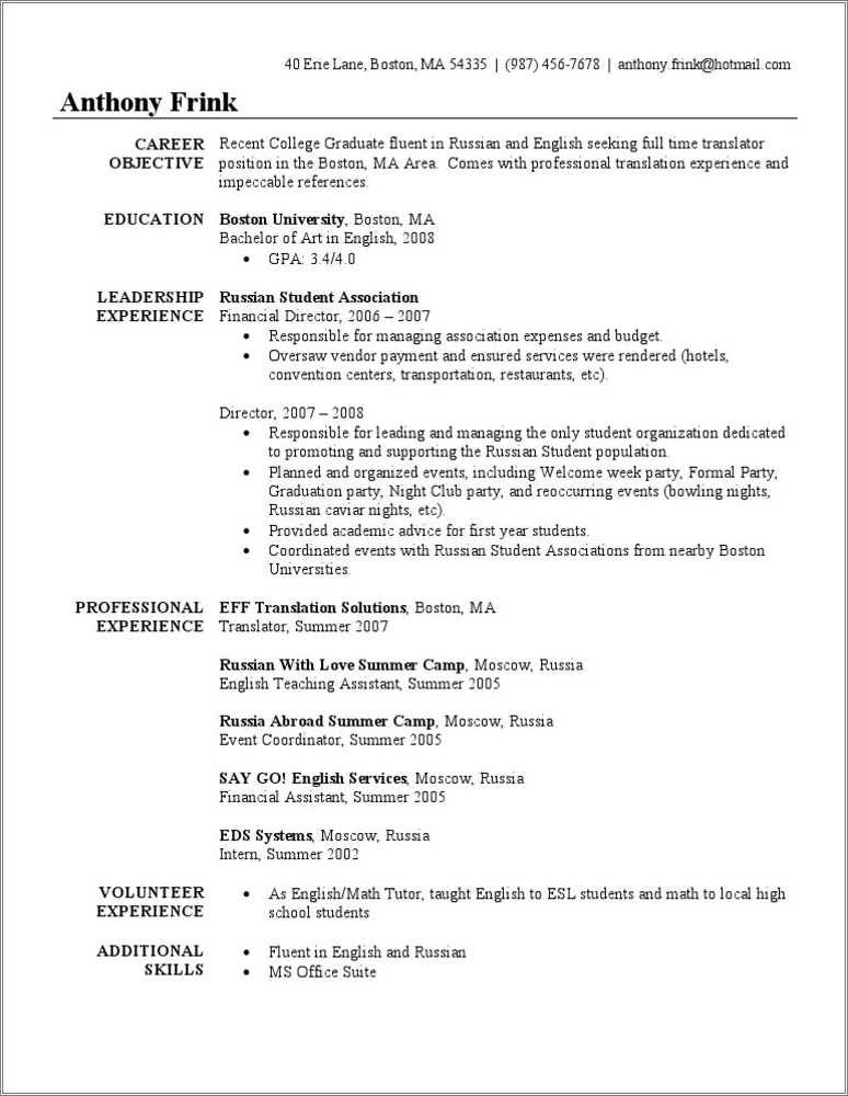 Resume Objectives For College Graduates