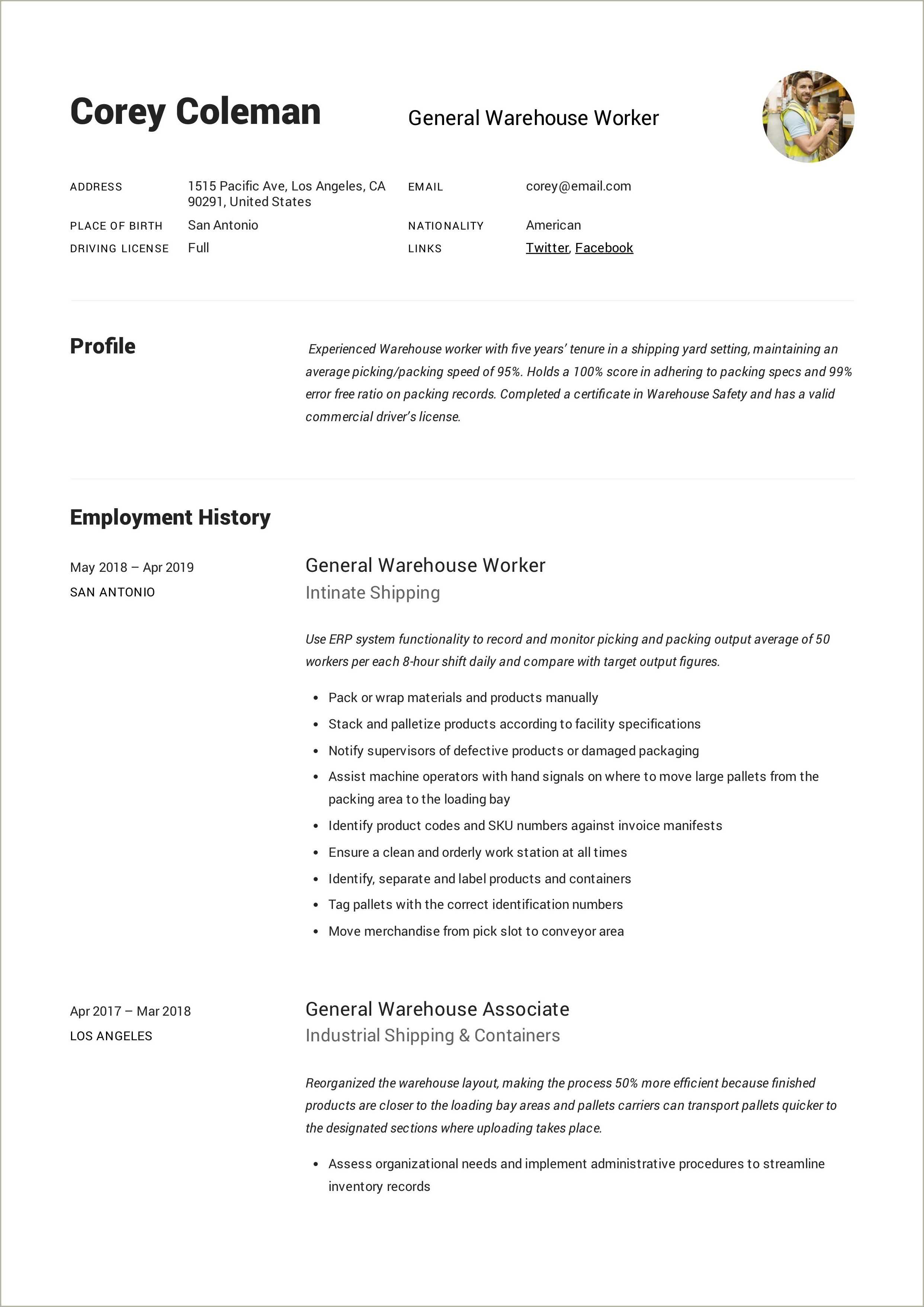 Resume Examples Material Handler Order Picker - Resume Example Gallery