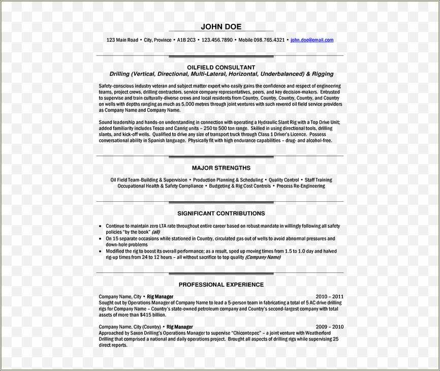 Resume Examples For Oil And Gas Industry - Resume Example Gallery