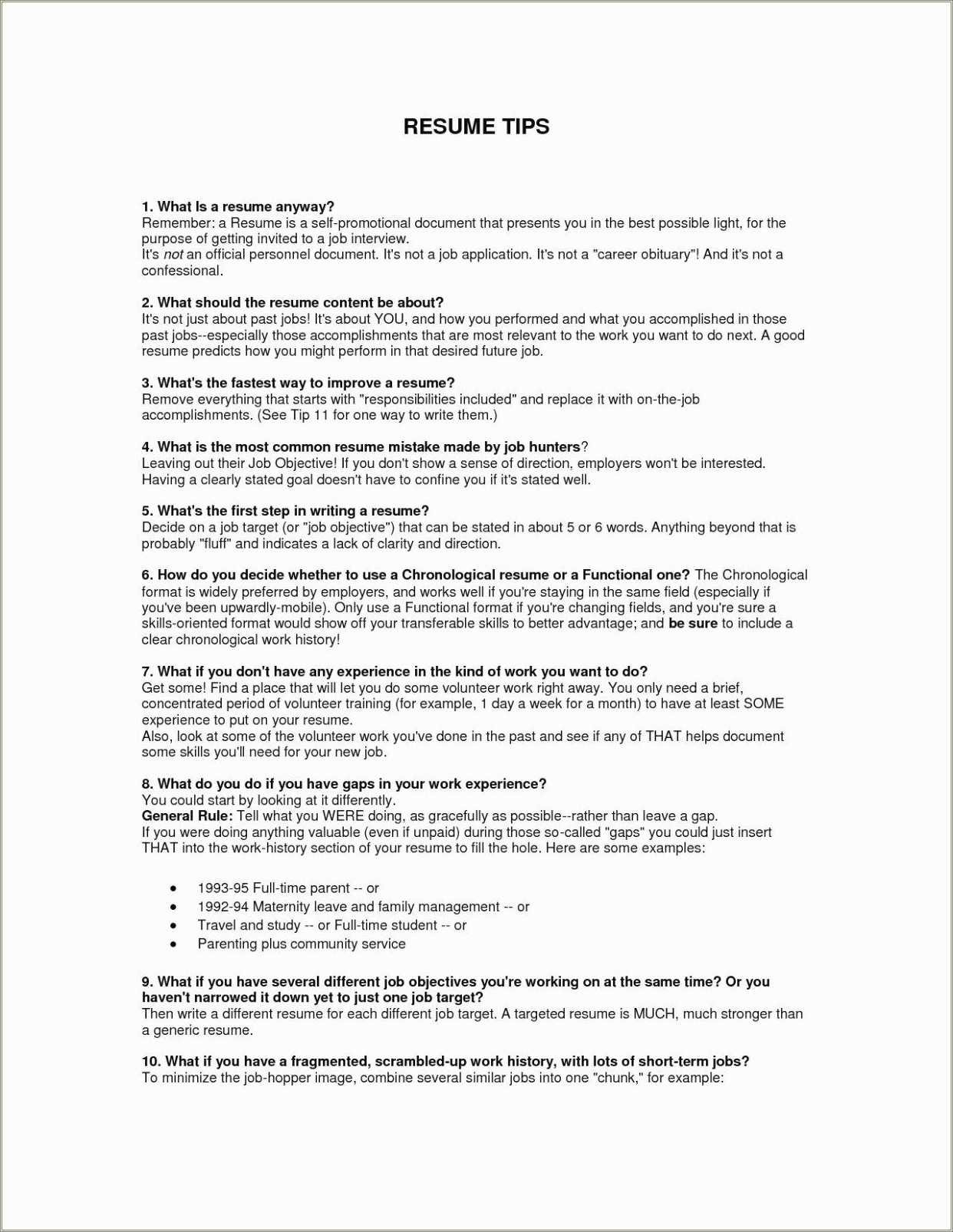 Resume Fill Gaps In Work History - Resume Example Gallery