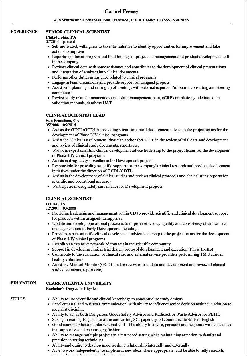 Resume For A Clinical Medical Physicist Example - Resume Example Gallery