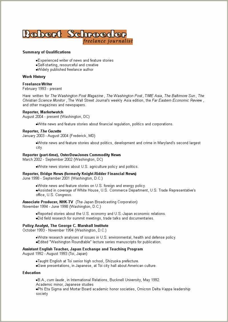 Example Of A Freelance Writer Resume Resume Example Gallery