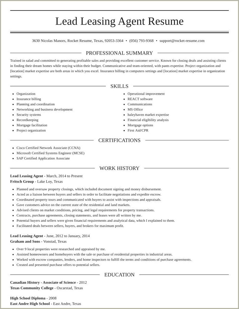 Resume For Leasing Agent Examples - Resume Example Gallery