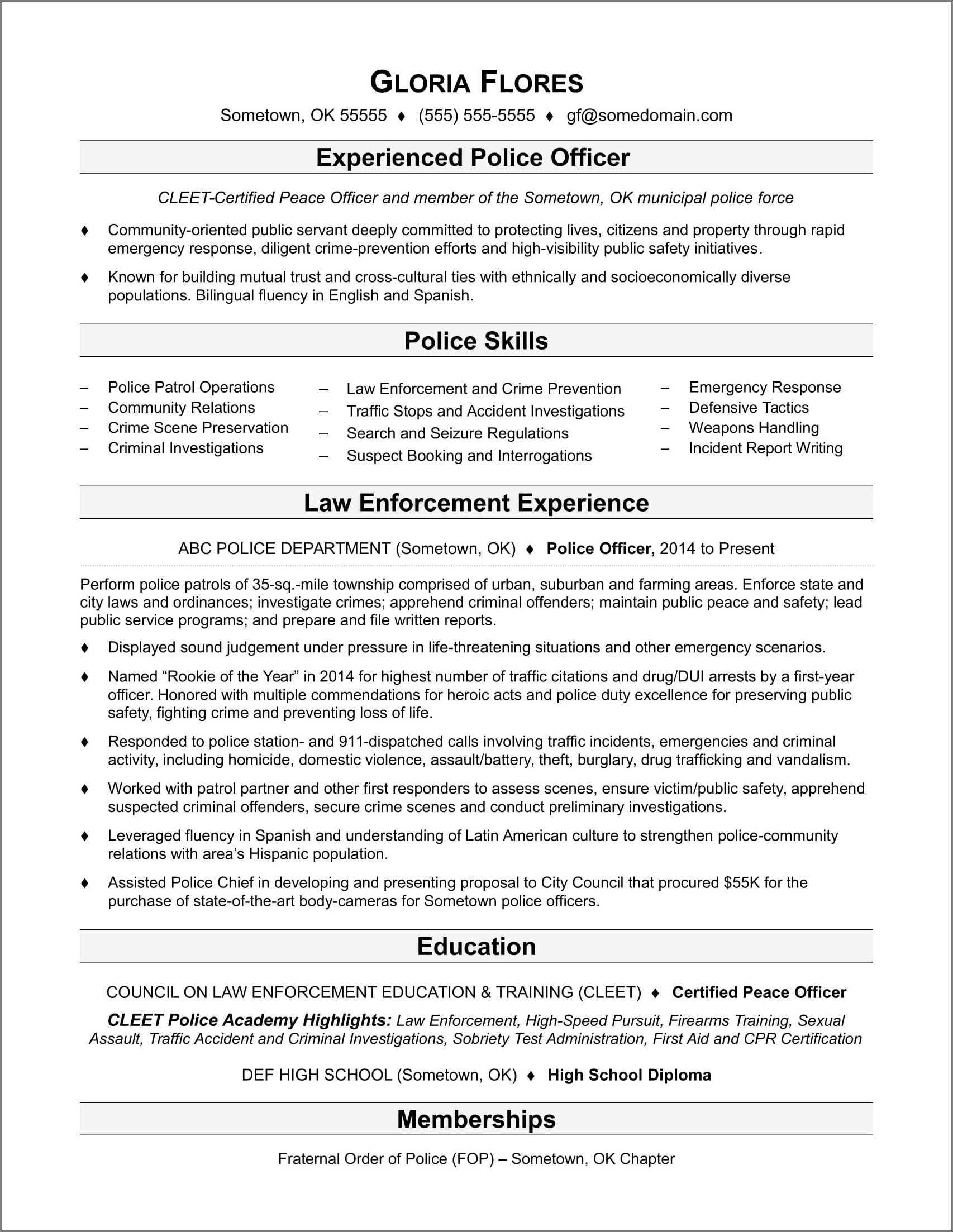 Resume For Police Officer Skills 