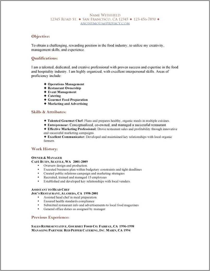 Food Industry Resume Objective Examples Resume Example Gallery