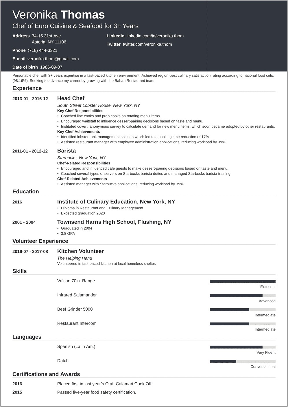 Resume Objective Statement Examples Chef Resume Example Gallery