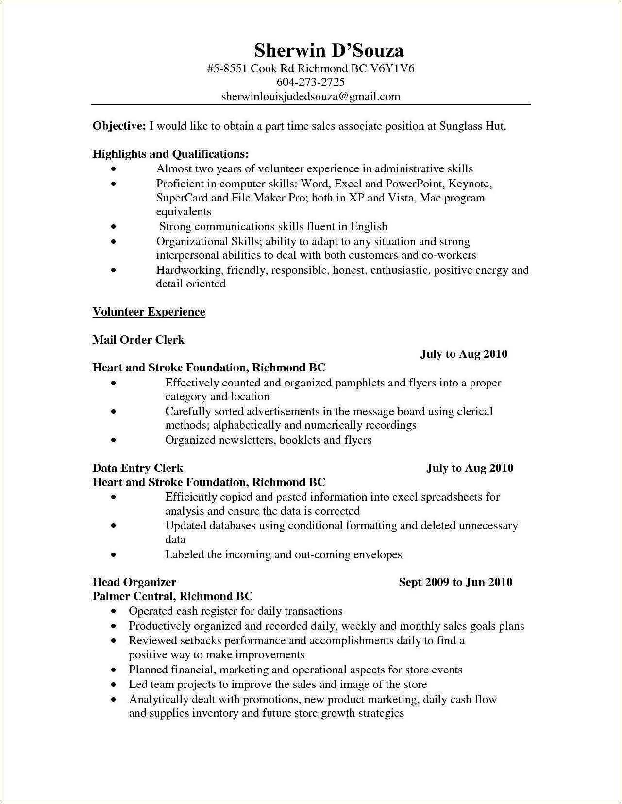 Resume Template For Part Time Student - Resume Example Gallery