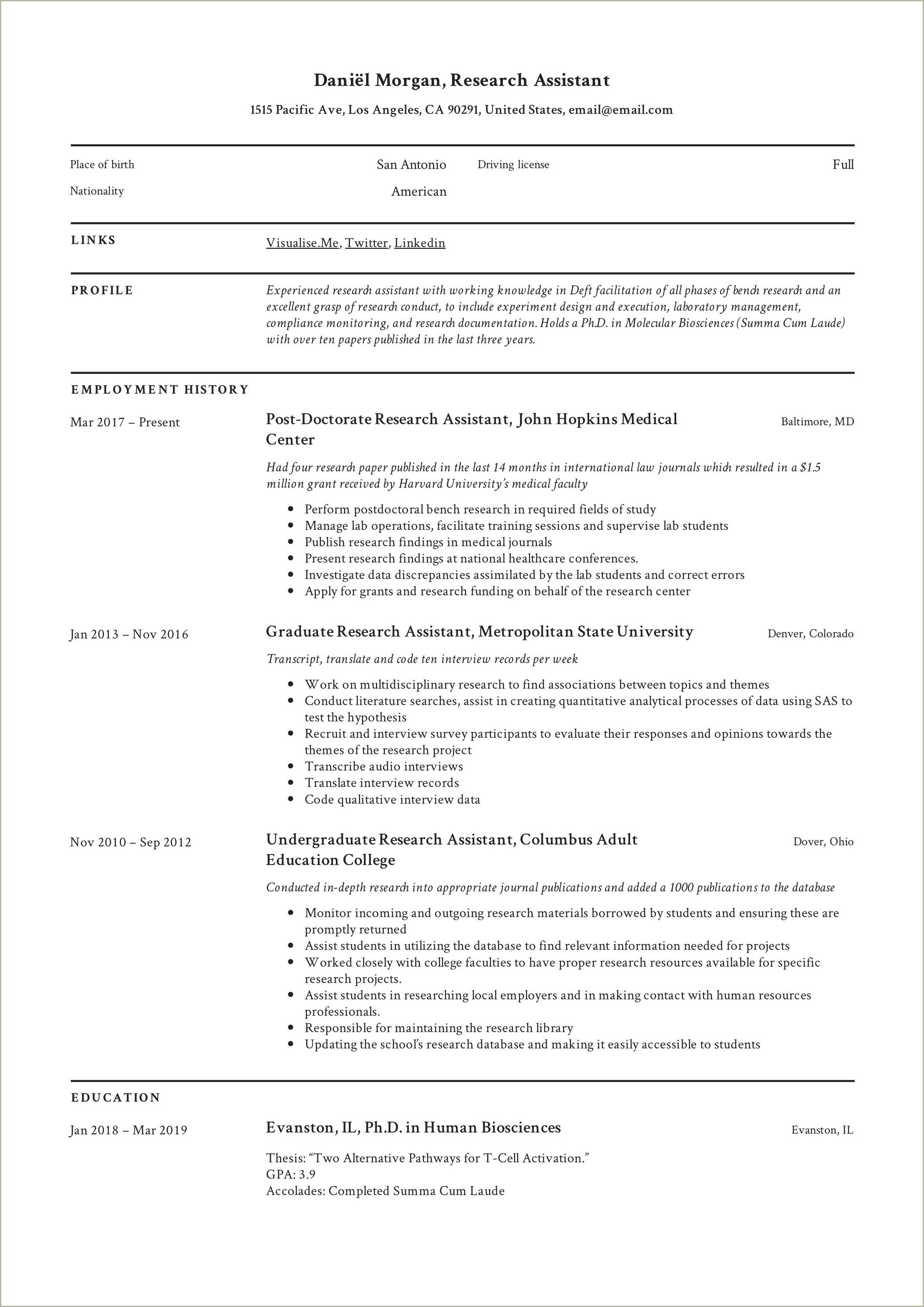 Resume Profile Examples Research Assistant Resume Example Gallery