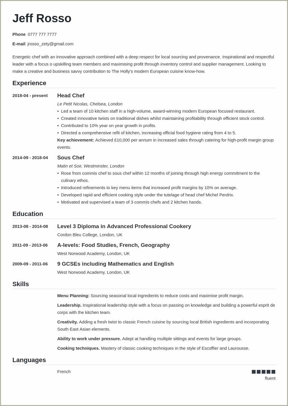 Resume Sample For Commis Chef - Resume Example Gallery