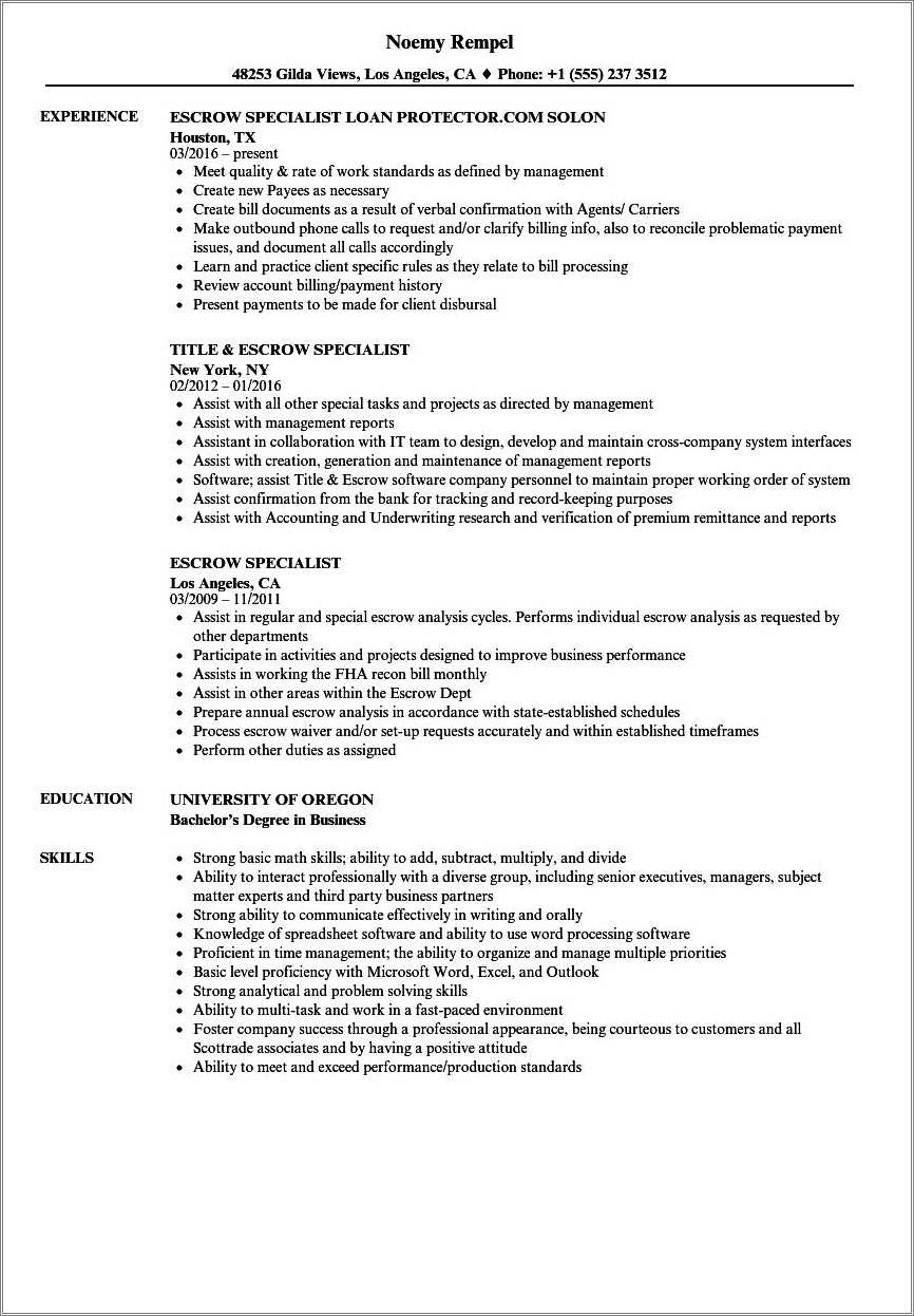 Resume Sample For Escrow Officer Resume Example Gallery