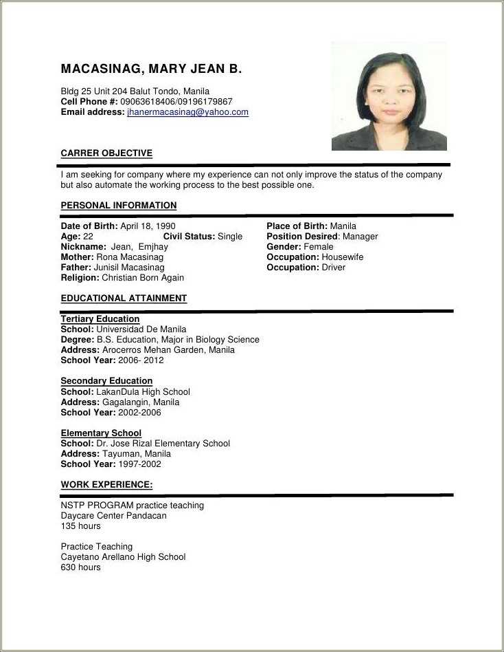 Resume Sample For Job Philippines 