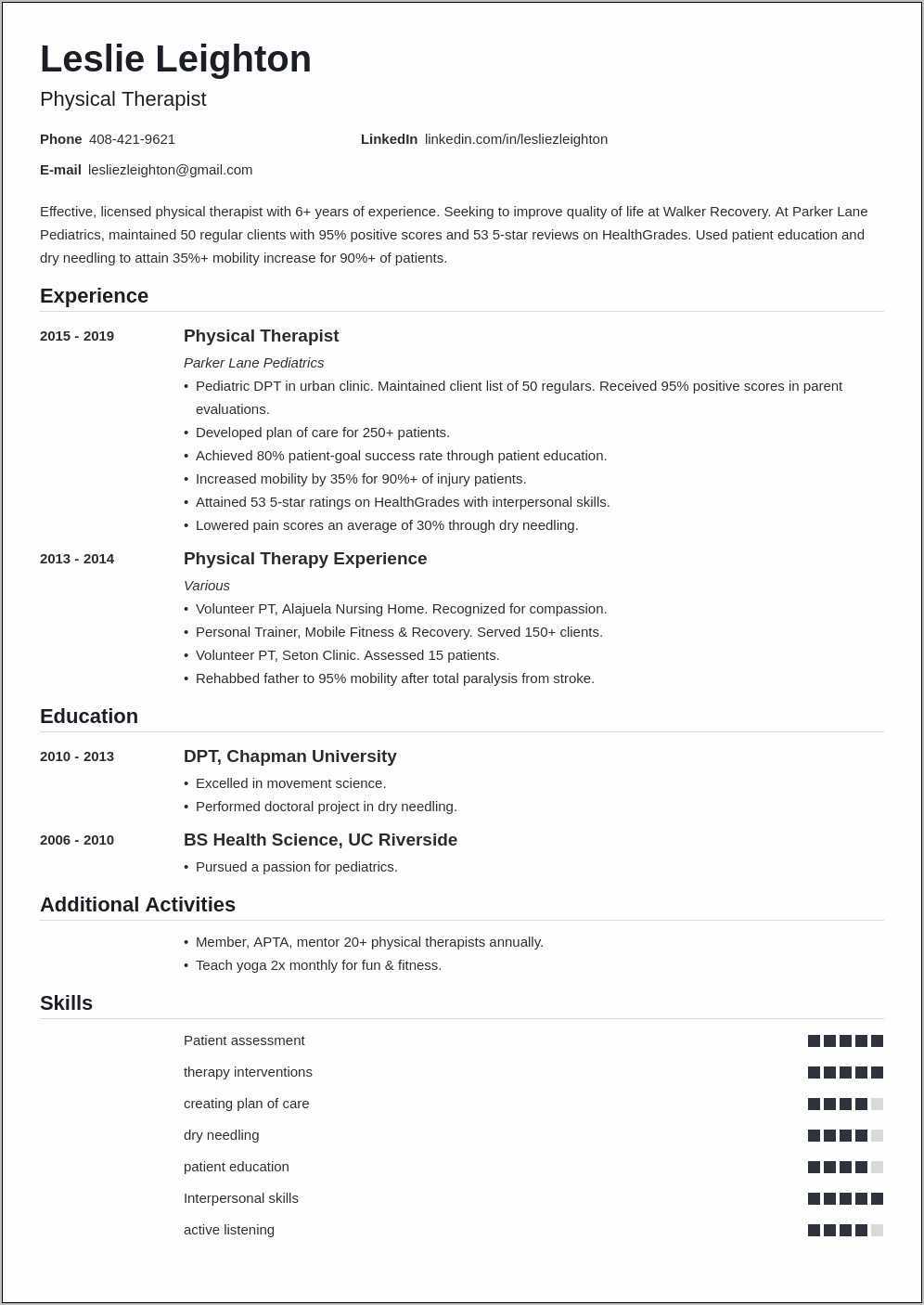 Resume Sample For Physical Therapist - Resume Example Gallery