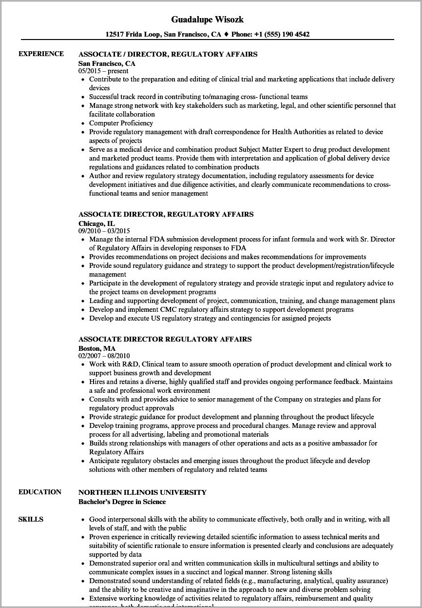 Regulatory Affairs Medical Device Resume Sample - Resume Example Gallery