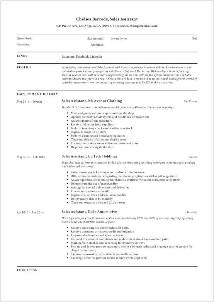 Sales Girl Resume Format