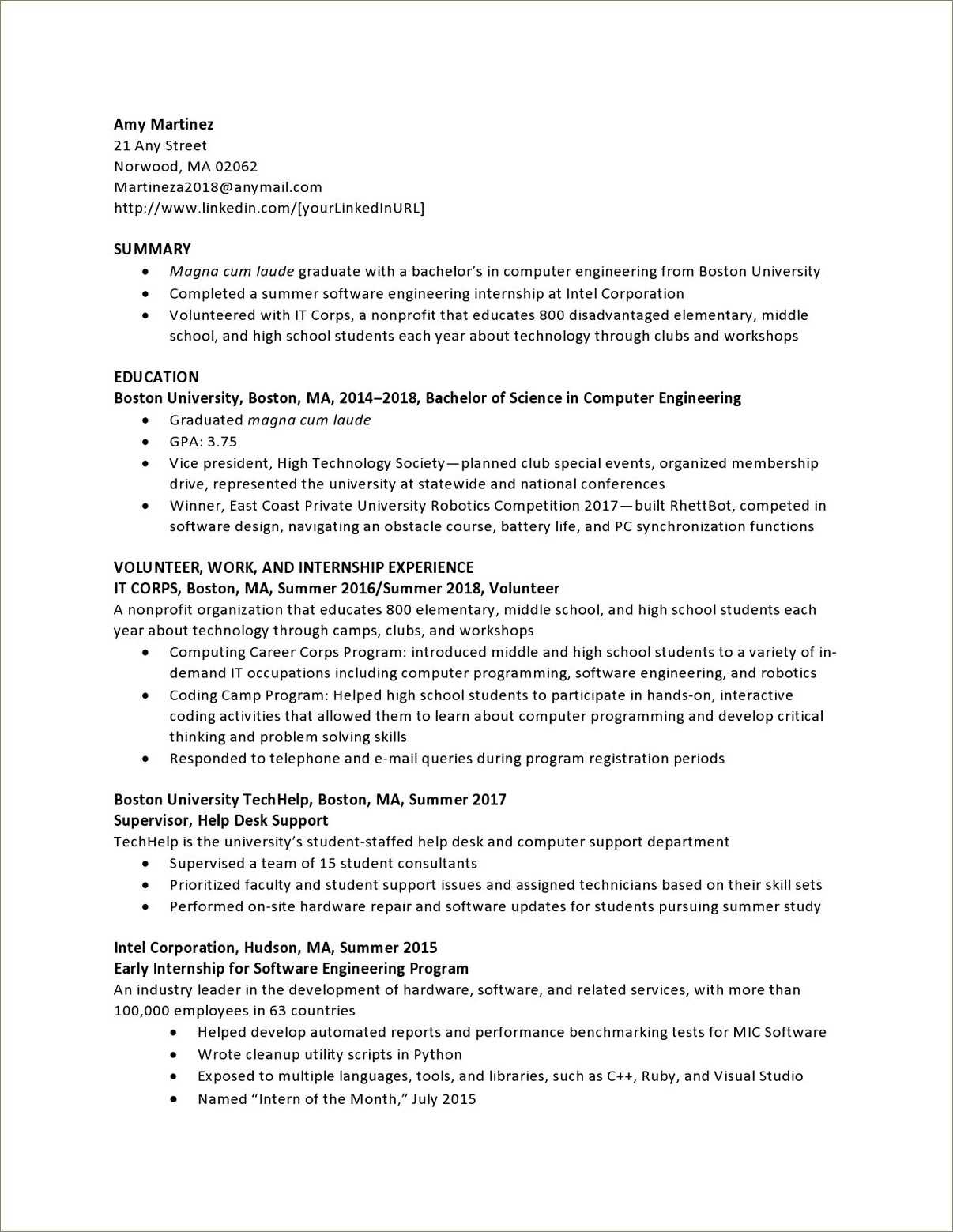 Information Technology Student Resume Sample No Experience