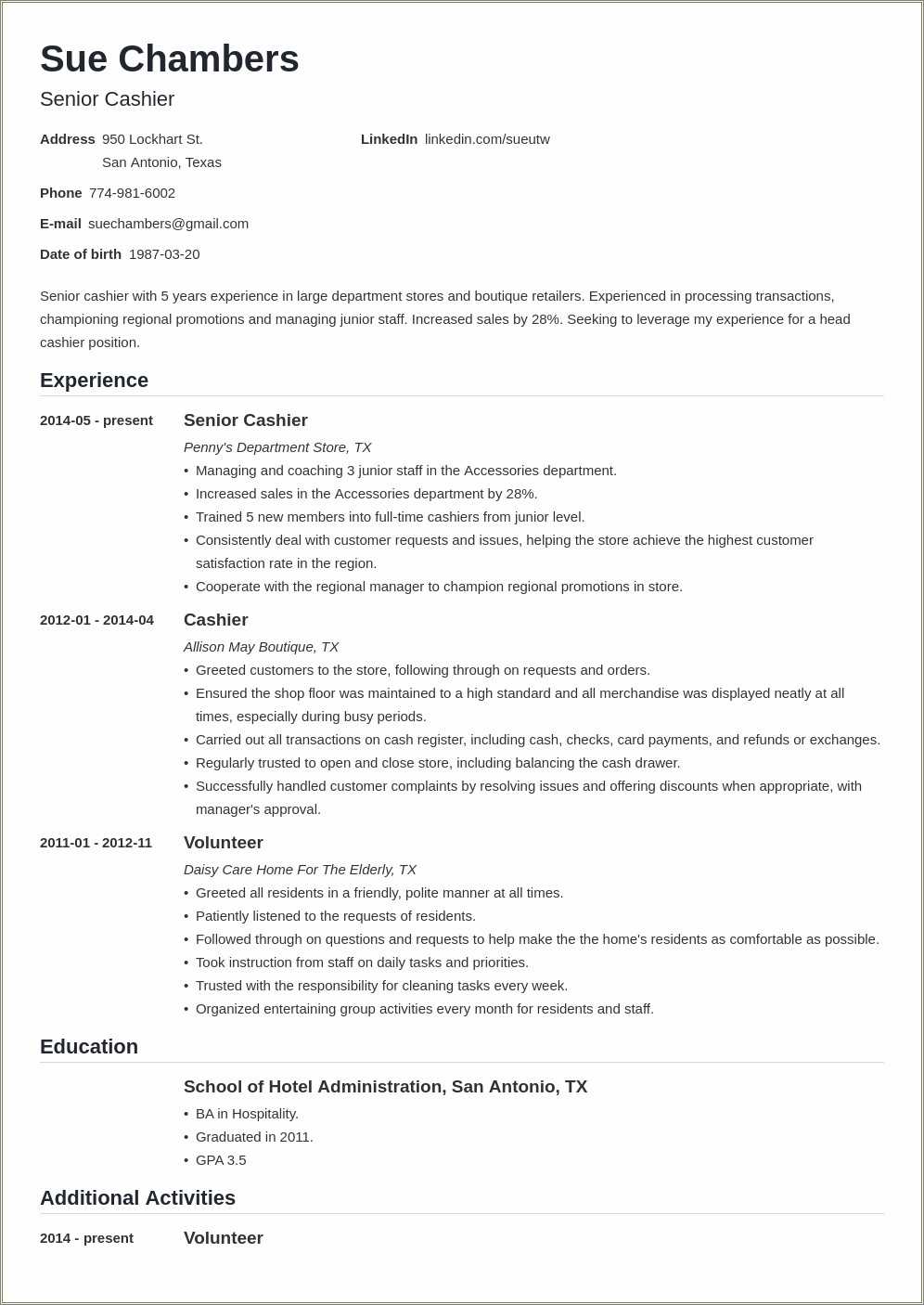 Resume Sample Of Restaurant Cashier Resume Example Gallery