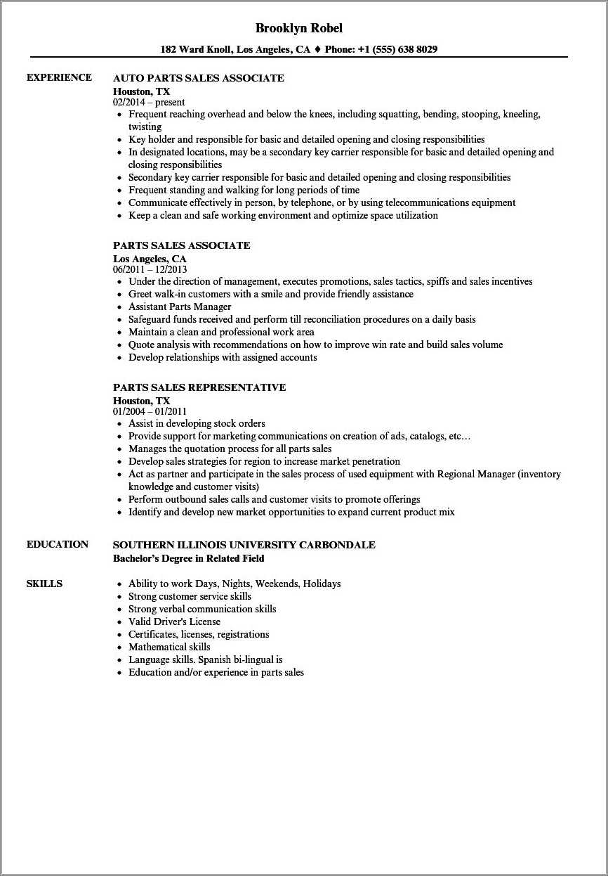 Resume Sample Retail Auto Parts - Resume Example Gallery