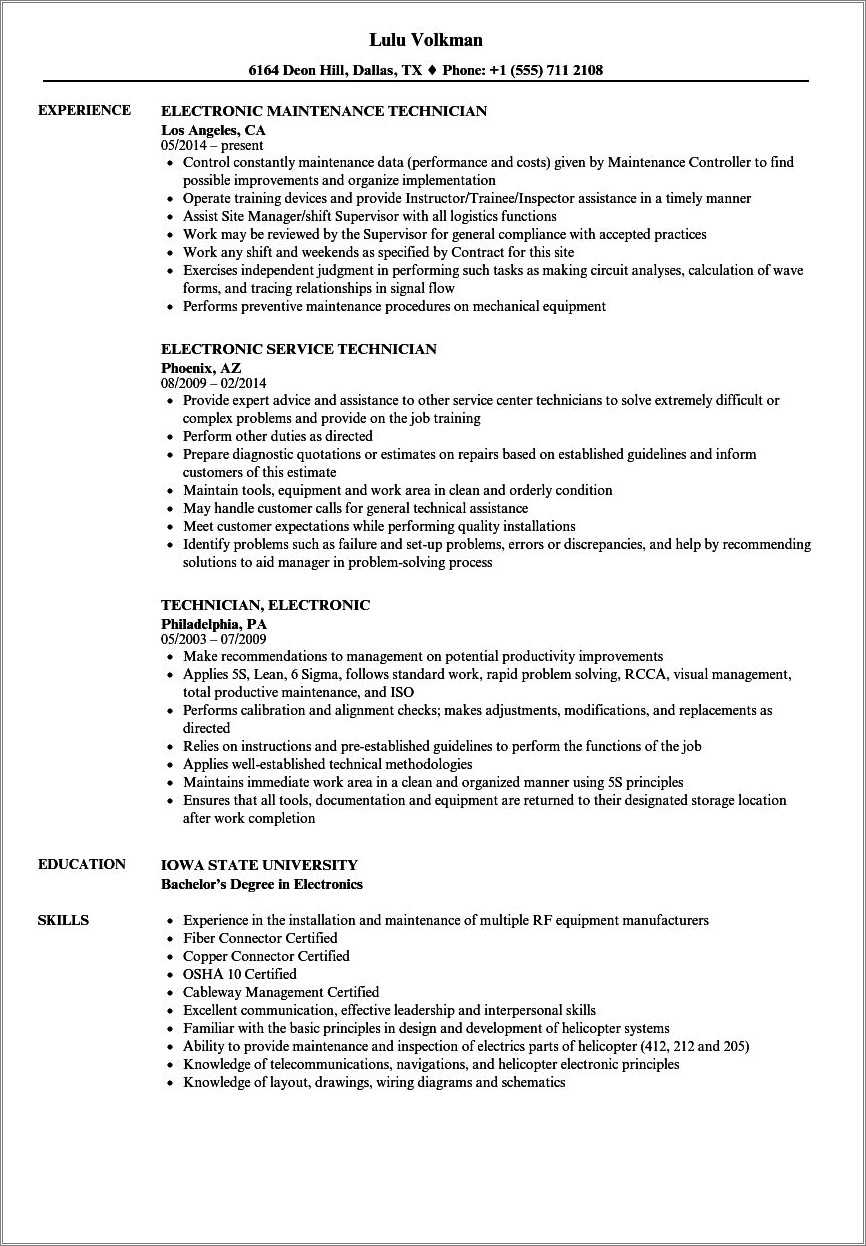 Electronic Assembler Tech Resume Samples - Resume Example Gallery