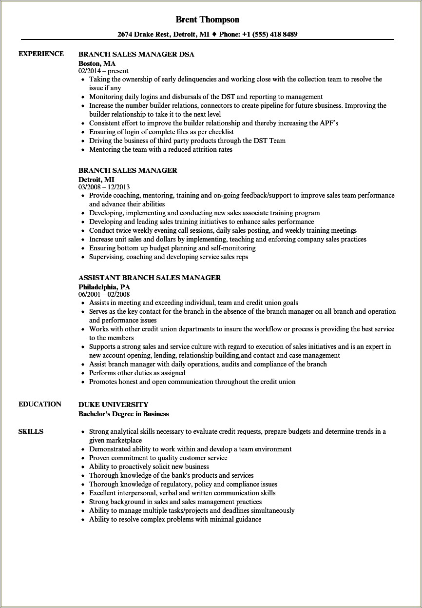 sample resume for retail branch banking