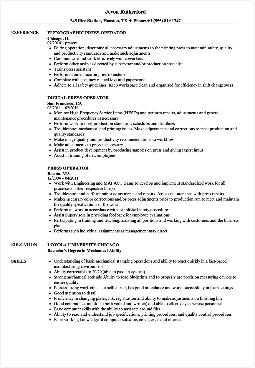 Minimal Machine Operator Skills Resume - Resume Example Gallery