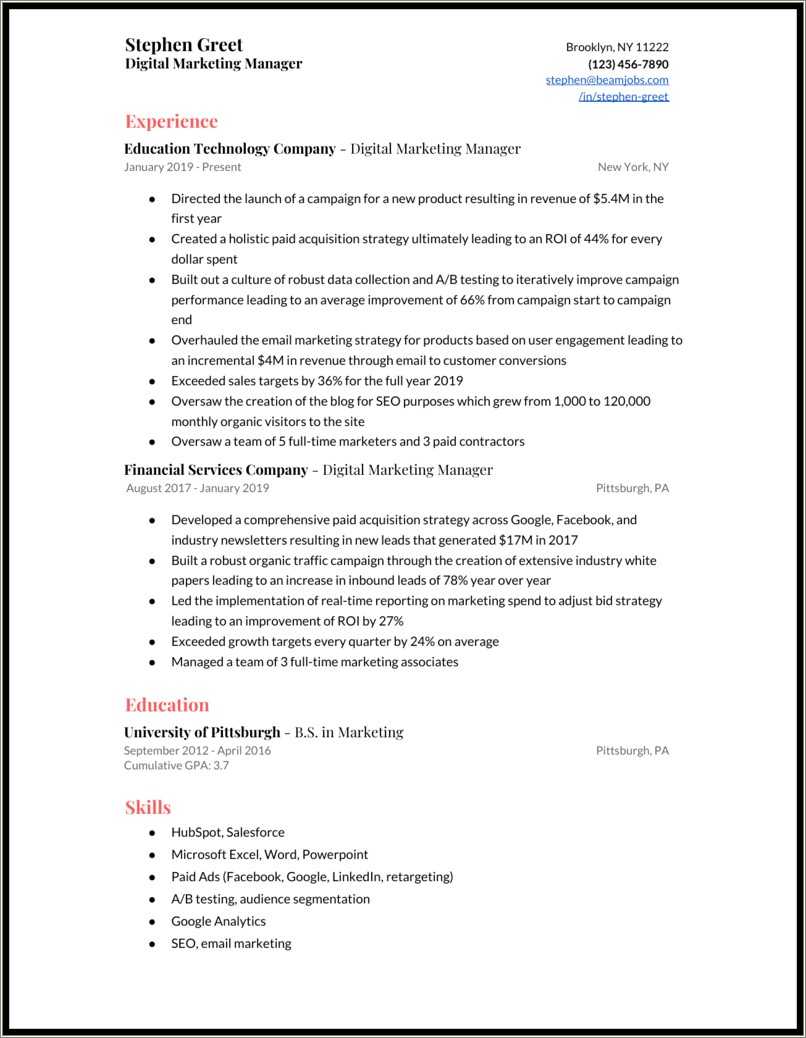 Marketing Manager Personal Summary Resume