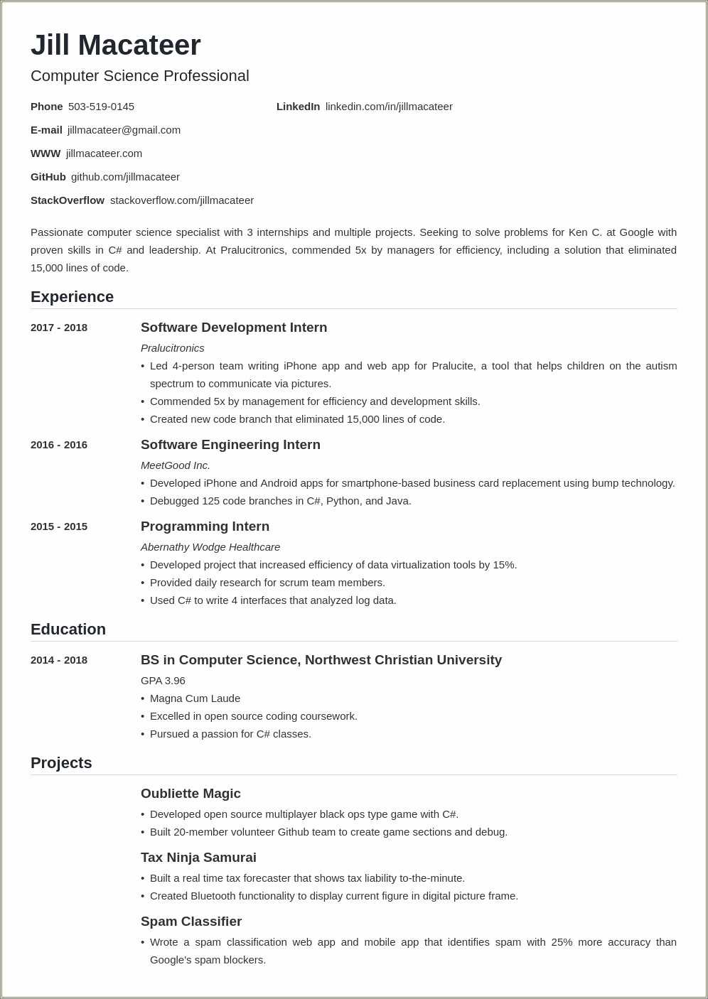 Resume Template Examples Computer Science Resume Example Gallery
